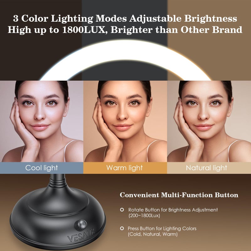 VESAUR Professional 8.5" Lighted Makeup Mirror, 1X/10X Double Sided HD Undistorted Magnifying Mirror with 3 Color 90 Dimmable LED lights, 360Â° Rotation Vanity Mirror, Unique Black Nickel with Gift Box - Image 4